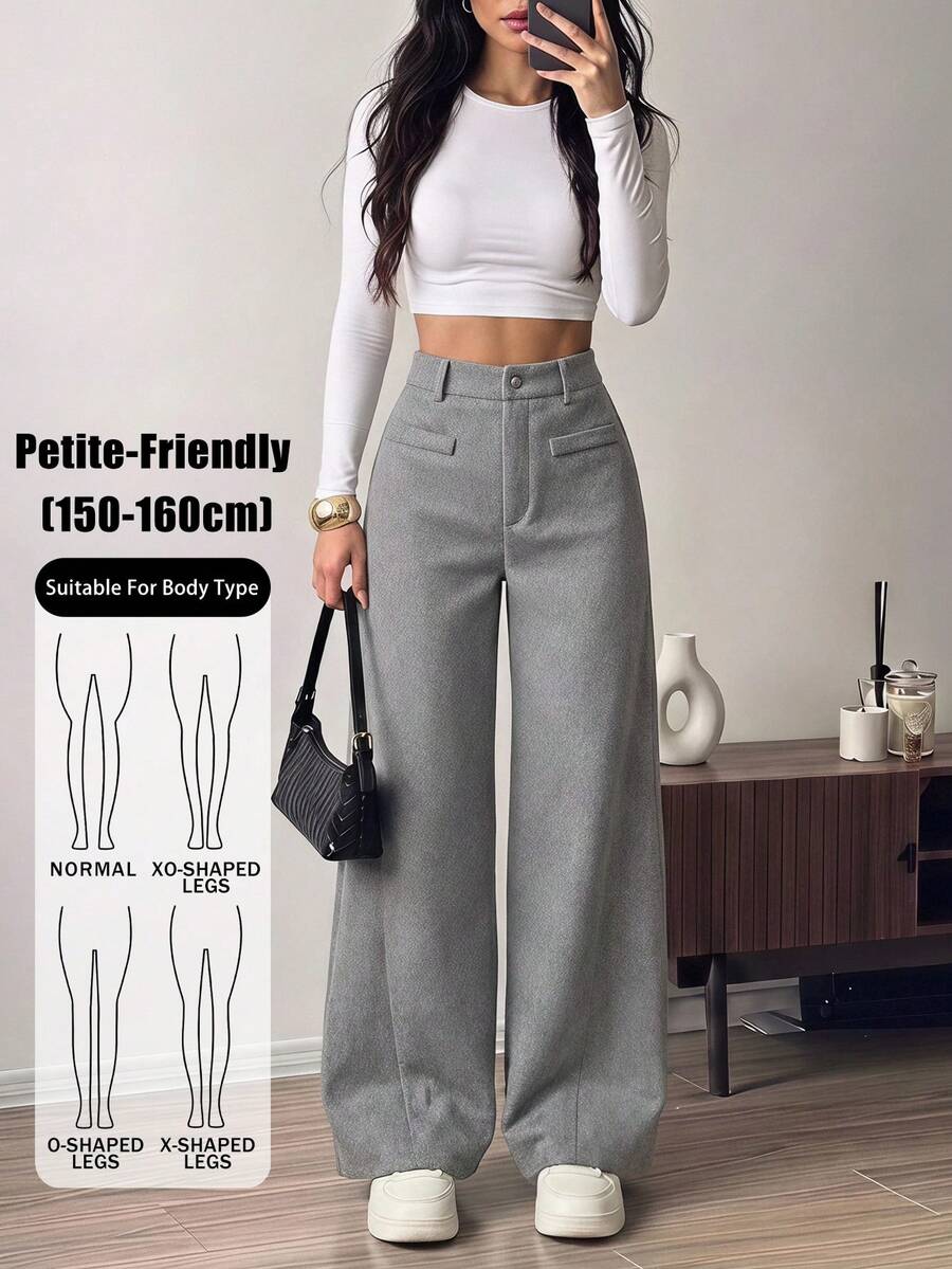 SHEIN PETITE 女款時尚百搭保暖灰色尼龍通勤長褲 - 灰色 - 查看 1