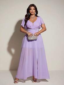 SHEIN PETITE CURVE 大码女士优雅浪漫V领短袖飘逸连衣裙，春夏款 - 紫色 - 查看 4