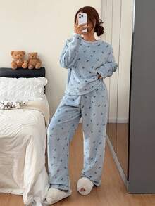 Napfluff Double-Sided Flannel Casual Polka Dot Bow Loose Fit Women's Pajama Set - Blue - View 3