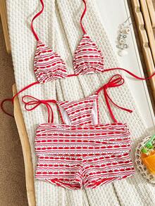 Sunnyshic New Spring/Summer Red & White Distressed Textured Fabric Side Knot High Cut Halter Neck Mini Bikini 3-Piece Set Women's Swimwear For Beach, Cruise, Vacation, Afternoon Tea - Multicolor - View 6