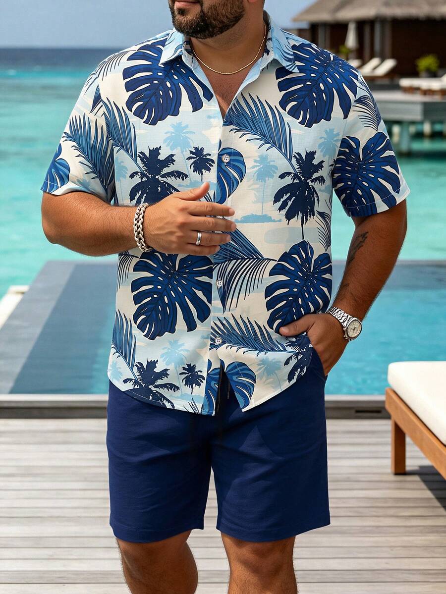Genlund Men's Short-Sleeve Shirt Set With Tropical Hawaiian Print – Ideal For Beach Vacation - Blue - View 1