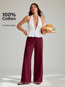SHEIN Tall 100%水洗棉低腰直筒長褲 - 酒紅色 - 查看 4