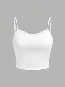 SHEIN Essnce 2件/套 95%纯棉无胸罩衬垫休闲简约百搭吊带背心，蕾丝拼接，黑白配色，适合度假、夏季穿着 - 白色 - 查看 3
