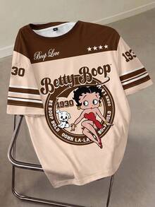 Betty Boop x SHEIN 大码女式夏季休闲通勤时尚街头字母卡通图案撞色短袖T恤 - 白色 - 查看 1