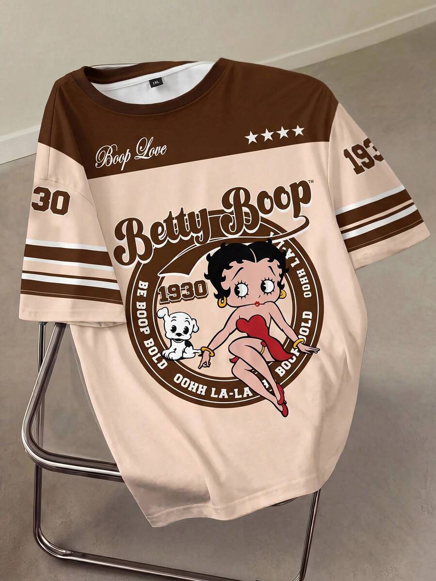 Betty Boop x SHEIN 大码女式夏季休闲通勤时尚街头字母卡通图案撞色短袖T恤 - 白色 - 查看 1