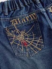ROMWE MEN Street Life 青少年男孩字母蜘蛛刺繡圖案口袋鈕扣休閒日常牛仔短褲 - 藍色 - 查看 4