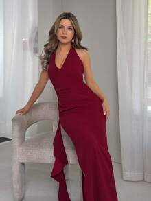 Jemour Gaun Bridesmaid Musim Semi/Panas, Gaun Pesta, Leher V Dalam, Model Halter, Ruffle, Belahan Tinggi, Gaun Panjang Model Wrap Berkerut Warna Merah untuk Wanita, Maxi Elegan - Burgundy - View 1