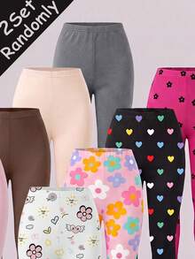 SHEIN [隨機發貨 2/8]女童四季新款熱銷圖案印花與素色拼接針織高彈力簡約時尚舒適休閒緊身褲 2 件套，貼身舒適基礎防走光，居家與戶外穿著 2 件裝 - 彩色 - 查看 3