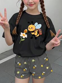 Tween Girl 隨意簡約卡通圖案短袖上衣與短褲兩件套，適合 - 彩色 - 查看 2