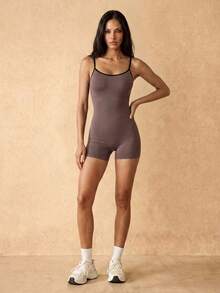 Silquee Contrast Trim Fitted Camisole Sports Athleisure Basic Romper Spandex Shapewear Date Night Gym Party Festival Victoria Secret - Khaki - View 2