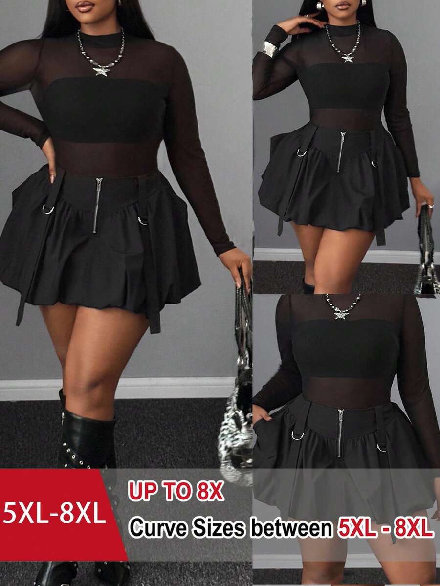 SHEIN CURVE+ 大尺碼女款休閒荷葉邊裙襬純色拉鍊性感裙,適合上班通勤,秋冬季 - 黑色 - 查看 1