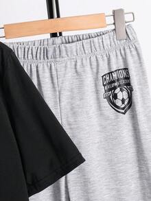SHEIN 2件組青少年男孩休閒字母印花圓領套頭上衣套裝，適合夏季 - 彩色 - 查看 7