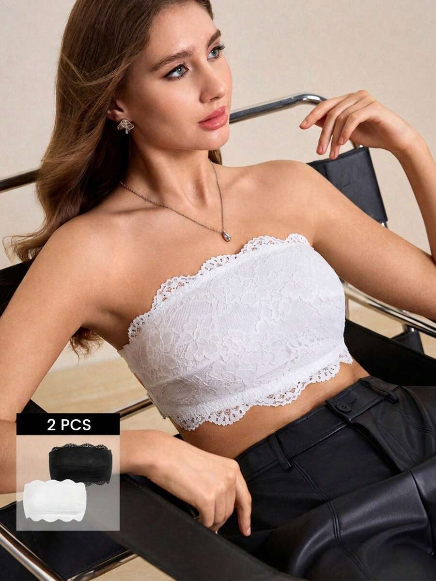 Hourtrue 2pcs Strapless Invisible Design Women Lace Patchwork Bras, Floral Jacquard Pattern, Suitable For Wedding, Beach, Casual, Comfortable - Multicolor - View 1