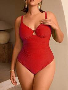 Swim Chiccia Plus Size Women's Solid Color Special Fabric Camisole One-Piece Swimsuit With Underwire For Summer Beach Vacation - Red - View 3