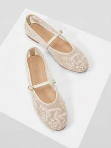 MOTF LADIES ELEGANT LACE EMBROIDERED FAUX PEARL DECORATIVE FLATS, COMFORTABLE AND BREATHABLE ADJUSTABLE BUCKLE STRAPS, DAILY VERSATILE SHOES FALL SHOES - Off-white - View 5