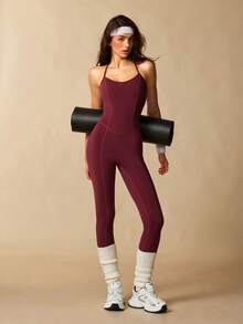 VARSIVA Jumpsuit Camisole Olahraga Kasual Warna Polos untuk Wanita, Cocok untuk Pakaian Sehari-hari - Burgundy - View 4
