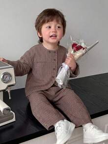 DAZY Baby Boy Striped Button Long Sleeve Shirt And Pants Set Toddler - Coffee Brown - View 4