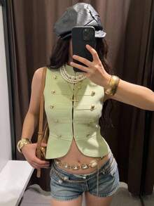 Muchica Women's Button Decor Stand Collar Knit Vest Green Top Y2k Elegant Going Out Back To School Fall Summer Napoleon Sweater  Festival Outfits For Women - Baby Blue - View 1