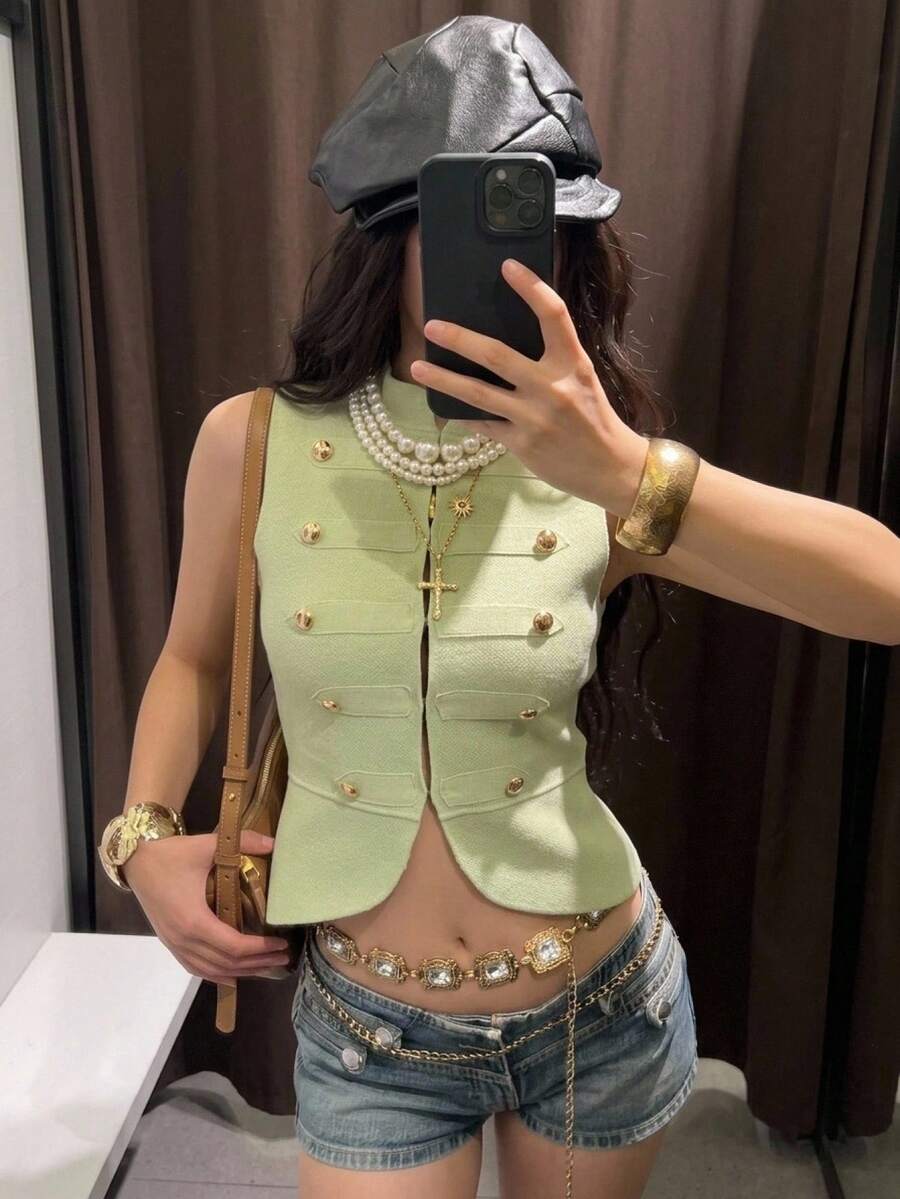 Muchica Women's Button Decor Stand Collar Knit Vest Green Top Y2k Elegant Going Out Back To School Fall Summer Napoleon Sweater  Festival Outfits For Women - Baby Blue - View 1