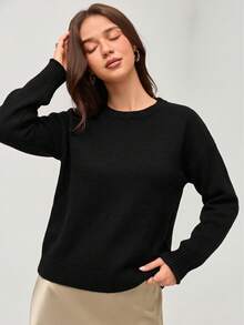 SHEIN Orluneo Women's Black Fall Winter Basic Casual Round Neck Pullover Sweater,Elegant Slouchy Loose Retro School Back-To-School Outdoor Commuting Fall Cloth - Black - View 2