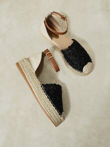 Styleloop Ladies Retro Black Vacation Style Hollow Woven Pull-Up Belt Hemp Rope Platform Shoes - Black - View 4