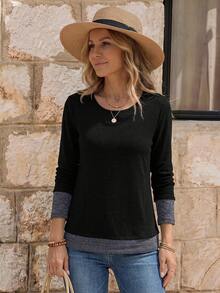 SHEIN Two Tone Long Sleeve Tee Graphic Tees Women Tops For Spring Fall For Women - Black - View 3