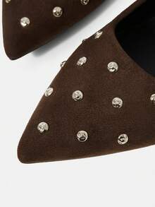 Mnmlis Suede Rivet Soft Bottom Versatile Commuter Pointed Flat Shoes - Coffee Brown - View 4