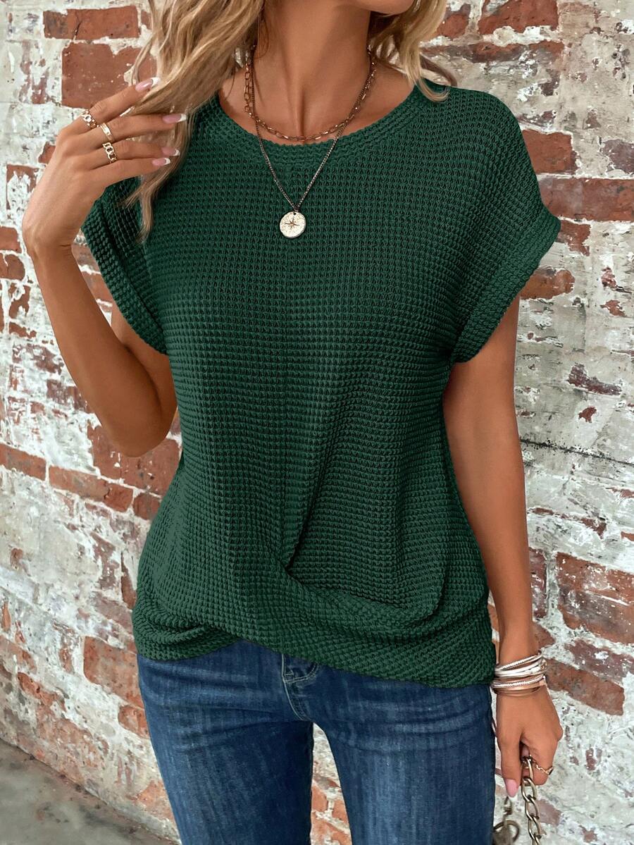 EMERY ROSE Women's Summer Solid Color Round Neck Batwing Sleeve Casual T-Shirt - Dark Green - View 1