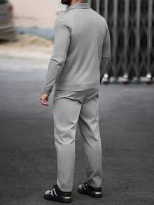 Manfinity CasualCool 男士休閒素色拉鍊夾克套裝，灰色，兩件套 - 深灰色 - 查看 6