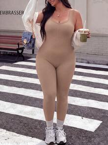 SHEIN Rhythm Era 1件大尺碼黑色時尚露背連身褲，舒適彈性無縫針織瑜伽健身運動健身房夏季款 - 卡其色 - 查看 2