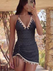 Swim Oasis Conjunto de traje de baño de 2 piezas para mujer con top triangular estampado de lunares, diseño aleatorio de cadena de conchas, tirantes finos, 1 pieza de traje de baño con falda, cordón lateral, diseño aleatorio de cadena de conchas en la Bottom - Blanco y Negro - Ver 4