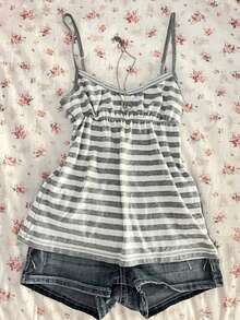 1pc Women's/Teen Girls Casual Summer Fitted Striped Camisole, Stretchy, Slim, Off, Ruched, Cropped - Grey - View 1