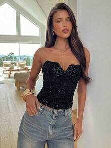 Aloruh Women's Solid Color Sequin Design Sexy Bandeau Top,Summer Top - Black - View 4