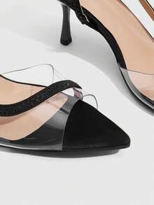 CUCCOO SZL Ladies Fashion Pointe Transparent Hot Rhinestone Open Toe Back Strap Sexy High Heel Sandals - Black - View 5