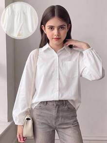 SHEIN 青少年女孩百搭口袋單排扣長袖襯衫，適合日常穿著 - 白色 - 查看 1