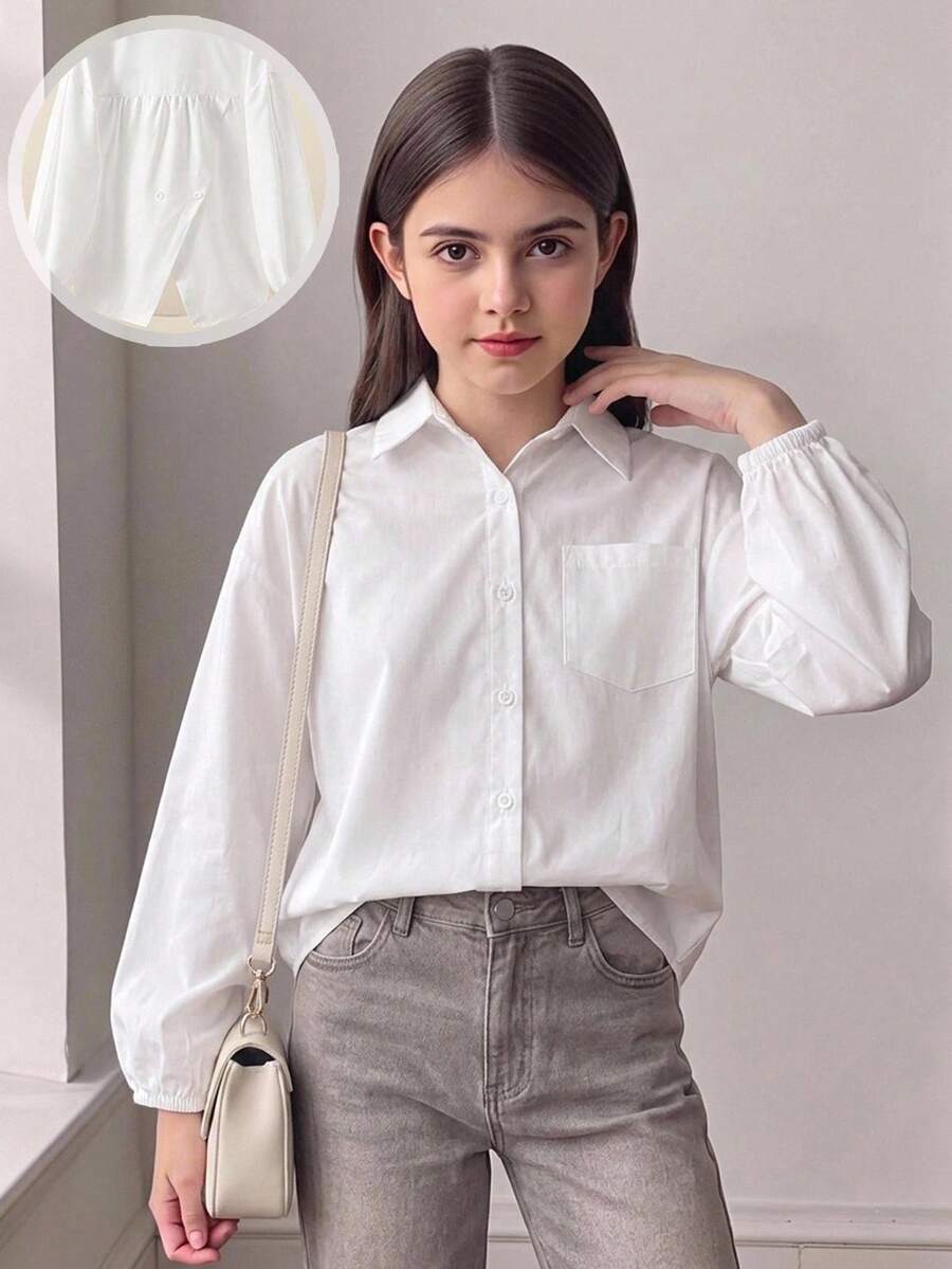 SHEIN 青少年女孩百搭口袋單排扣長袖襯衫,適合日常穿著 - 白色 - 查看 1