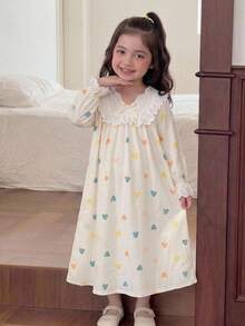 SHEIN 女童休閒寬鬆拼接愛心編織長袖蝴蝶結居家服杏色秋冬套裝 - 杏色 - 查看 8