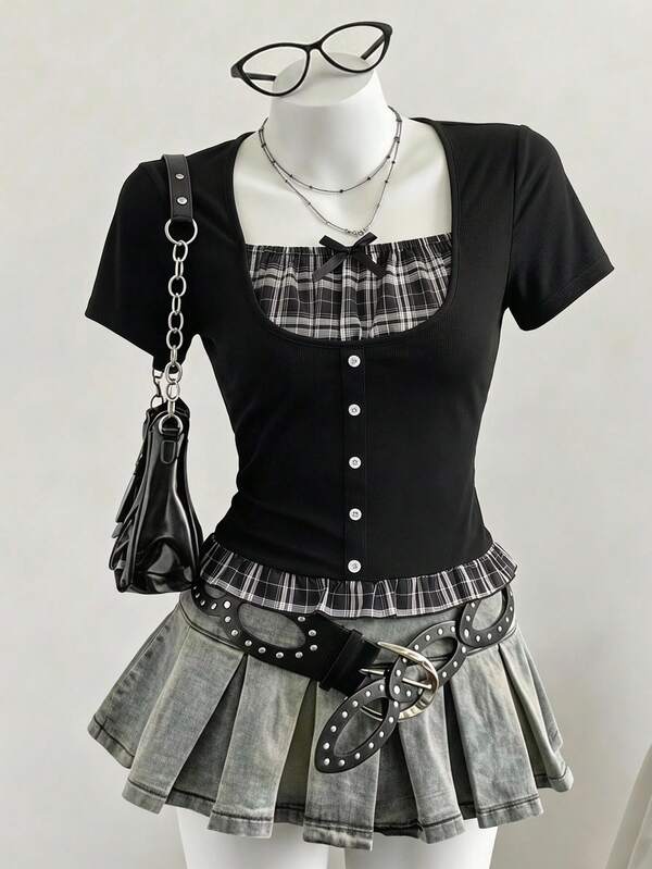SHEIN Sparklyn ティーンガールズブラウス、ベビーTシャツ、バケーション、かわいい、カラーブロック、新学期、フィット、快適、デイリー、エレガントなスクエアラッフルヴィンテージピクニック