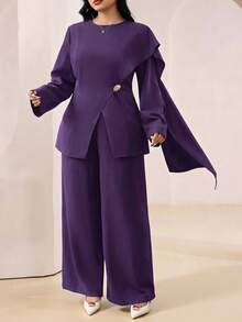Veilorie Plus Size Metal Button Asymmetrical Hem Long Sleeve Shirt And Solid Color Long Pants 2 Pieces Set - Purple - View 9