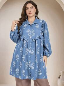 Lacomfia Casual Embroidered-Style Long Sleeve Loose Fit Regular Plus Size Shirt, Spring/Autumn - Blue - View 1