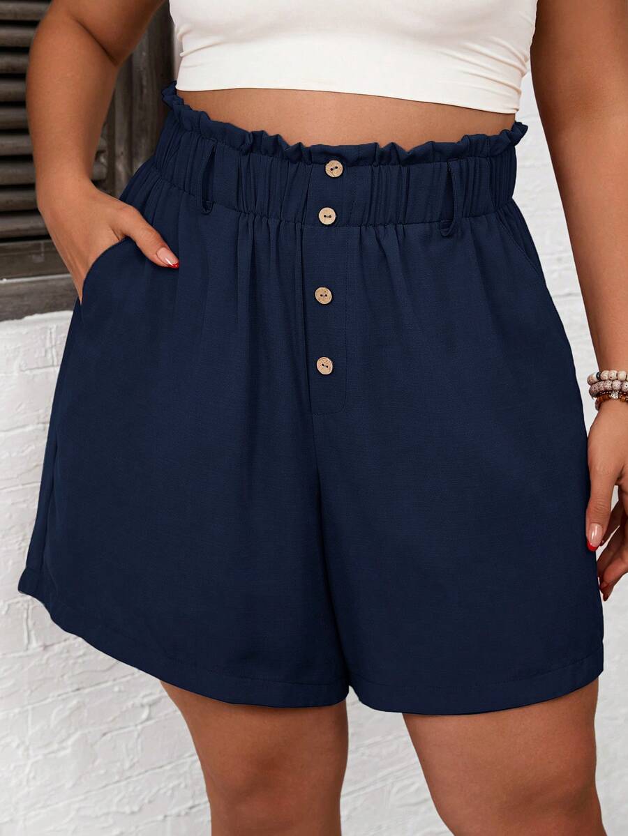 SHEIN LUNE Plus Size Summer Casual Versatile Solid Color Shorts - Navy Blue - View 1