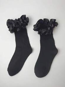 ROMWE Goth Women's Mid-Calf Socks With Ruffle Trim - Black - View 4