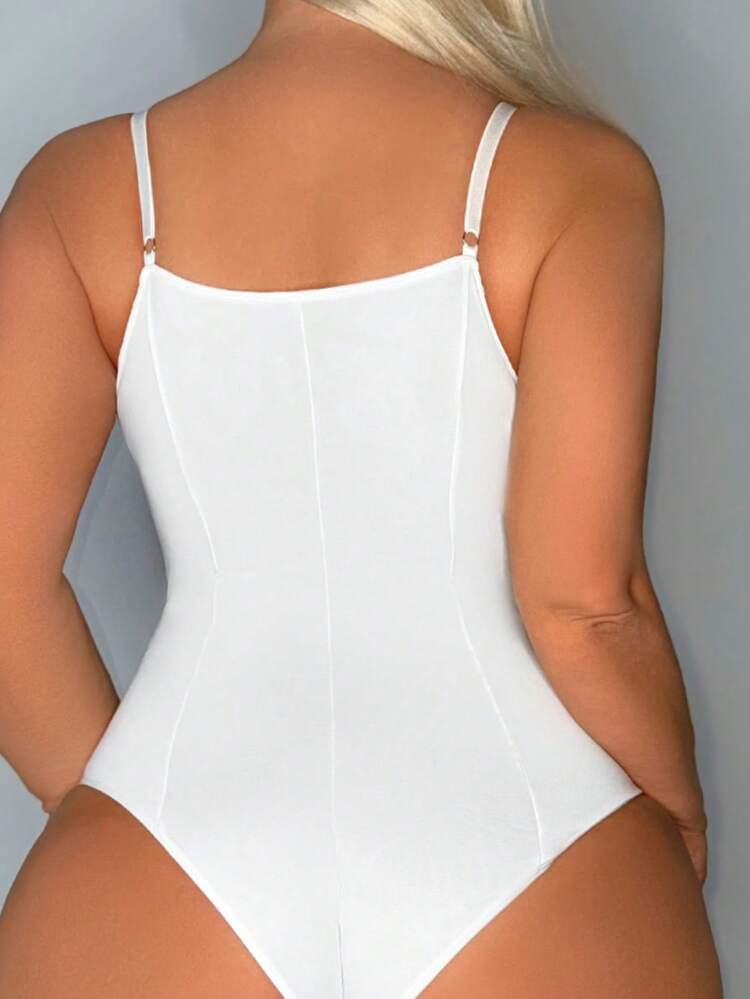SHEIN SXY Plus Size Solid Color Slim Fit Bustier Slip Bodysuit For Summer - White - View 2