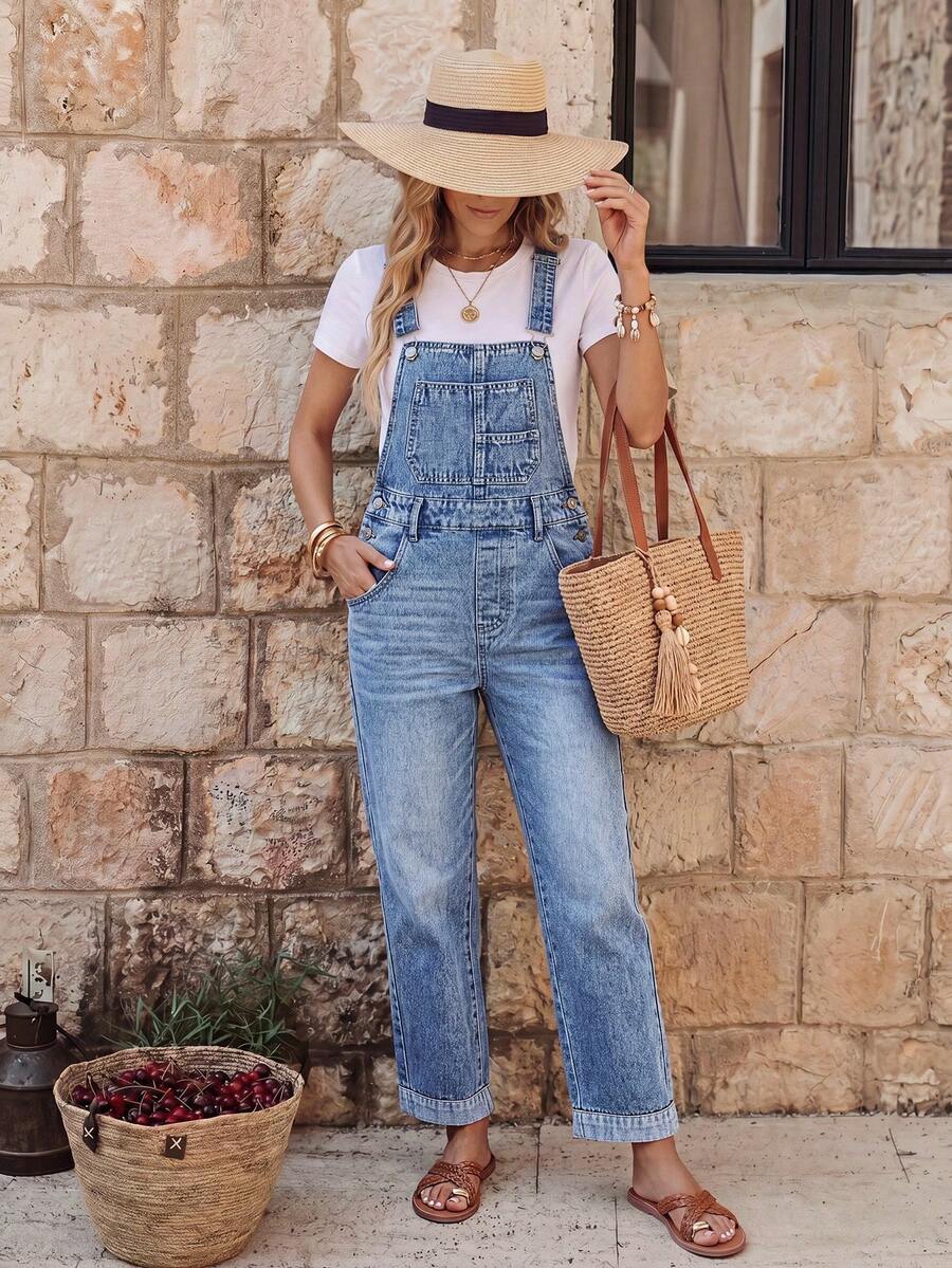 EMERY ROSE Women's Casual Versatile Washed Denim Bib Pants - Light Wash - View 1