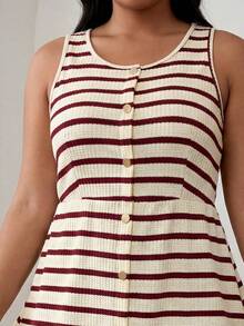 ELLERISSA Plus Size Beige & Red Stripe Round Neck Sleeveless Front Button Waffle Knit Mini Dress - Red - View 6