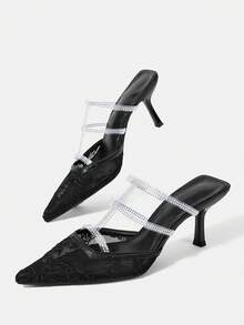 CUCCOO HITCHD Spring And Summer Lace Embroidered Rhinestones With Pointed Ends, Thin Heels, High Heels, Elegant, Wind Lace Mesh Sandals, Traveling And Commuting Fall Shoes - Black - View 6