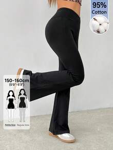 SHEIN PETITE 簡約純色包腰高腰喇叭褲 - 黑色 - 查看 3
