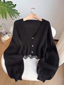 Solflare Plus Size Women Solid Color Drop Shoulder Long Sleeve Lace Hem Knit Cardigan - Black - View 1