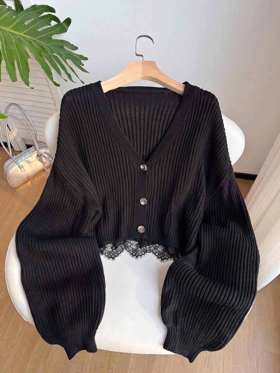 Solflare Plus Size Women Solid Color Drop Shoulder Long Sleeve Lace Hem Knit Cardigan - Black - View 1