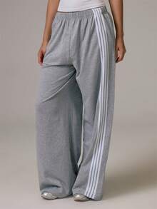 Musera Sport Contrast Colour Side Stripe Elasticated Waist Loose Fit Wide Leg Jogger Daily Casual Pilates Gym Sport Active - Grey - View 2